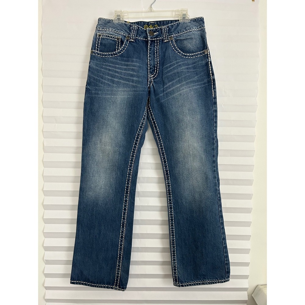 Rock 47 by Wrangler Mens Boot Cut Jeans Blue Thick Stitch 33x32 Cowboy